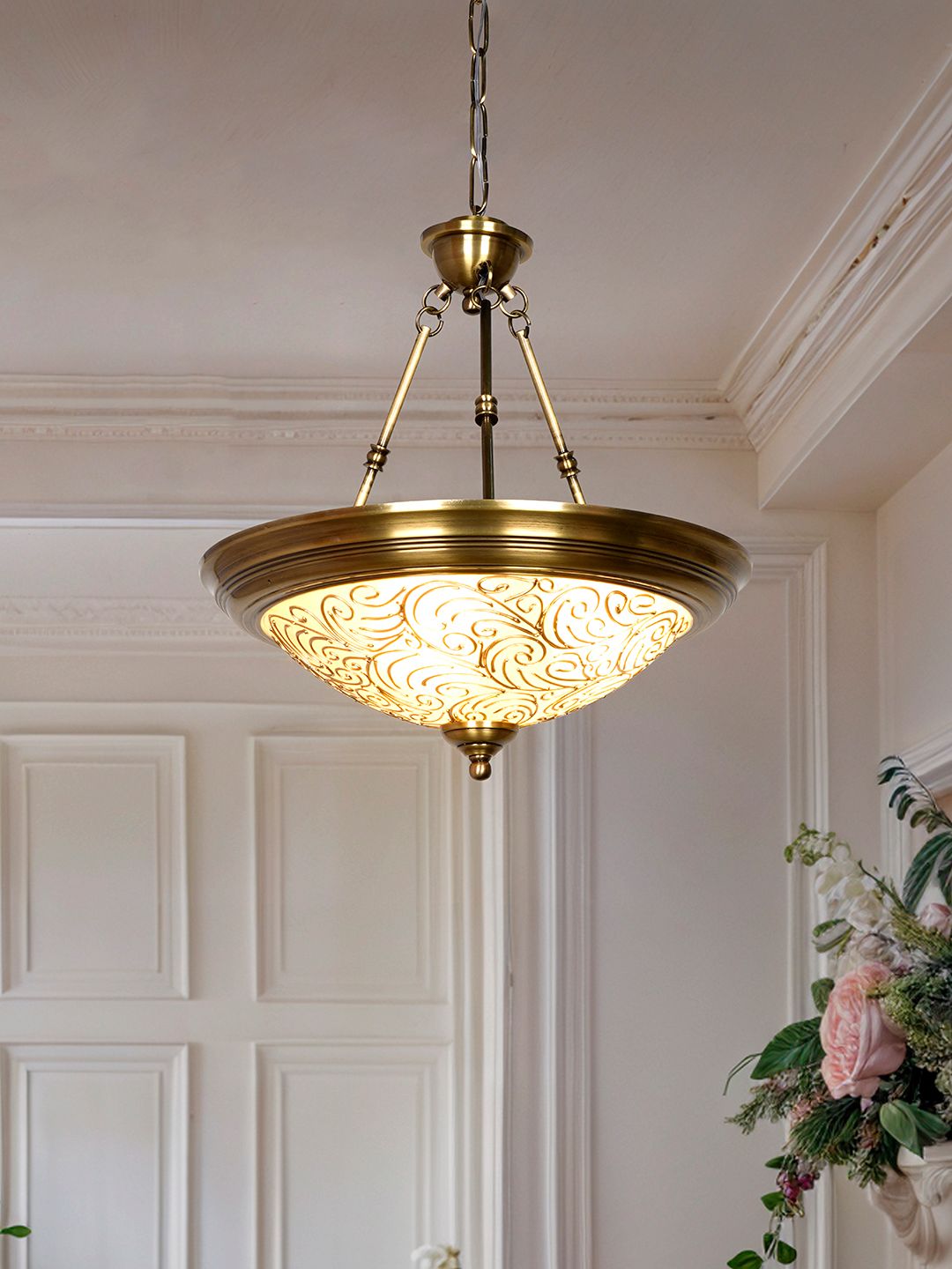 Dish Antique Brass Pendant Lamp with Hand-Painted Glass Shade
