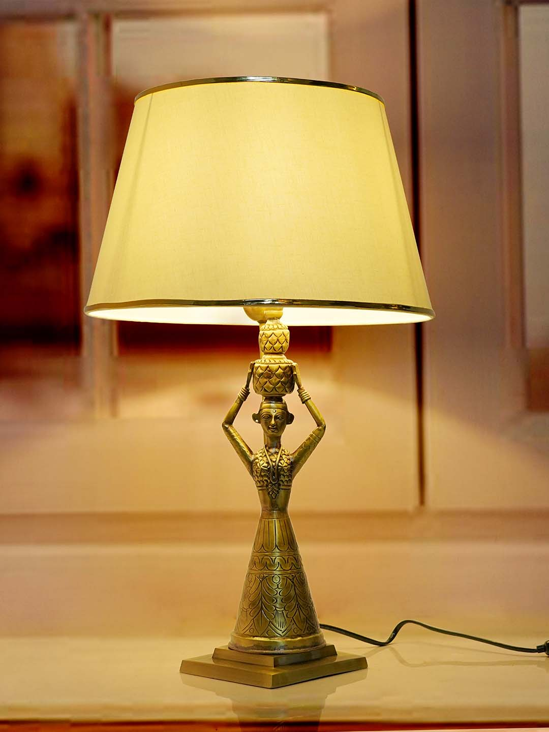 Antique Rajasthani Kalash Belle Brass Table Lamp with Off White