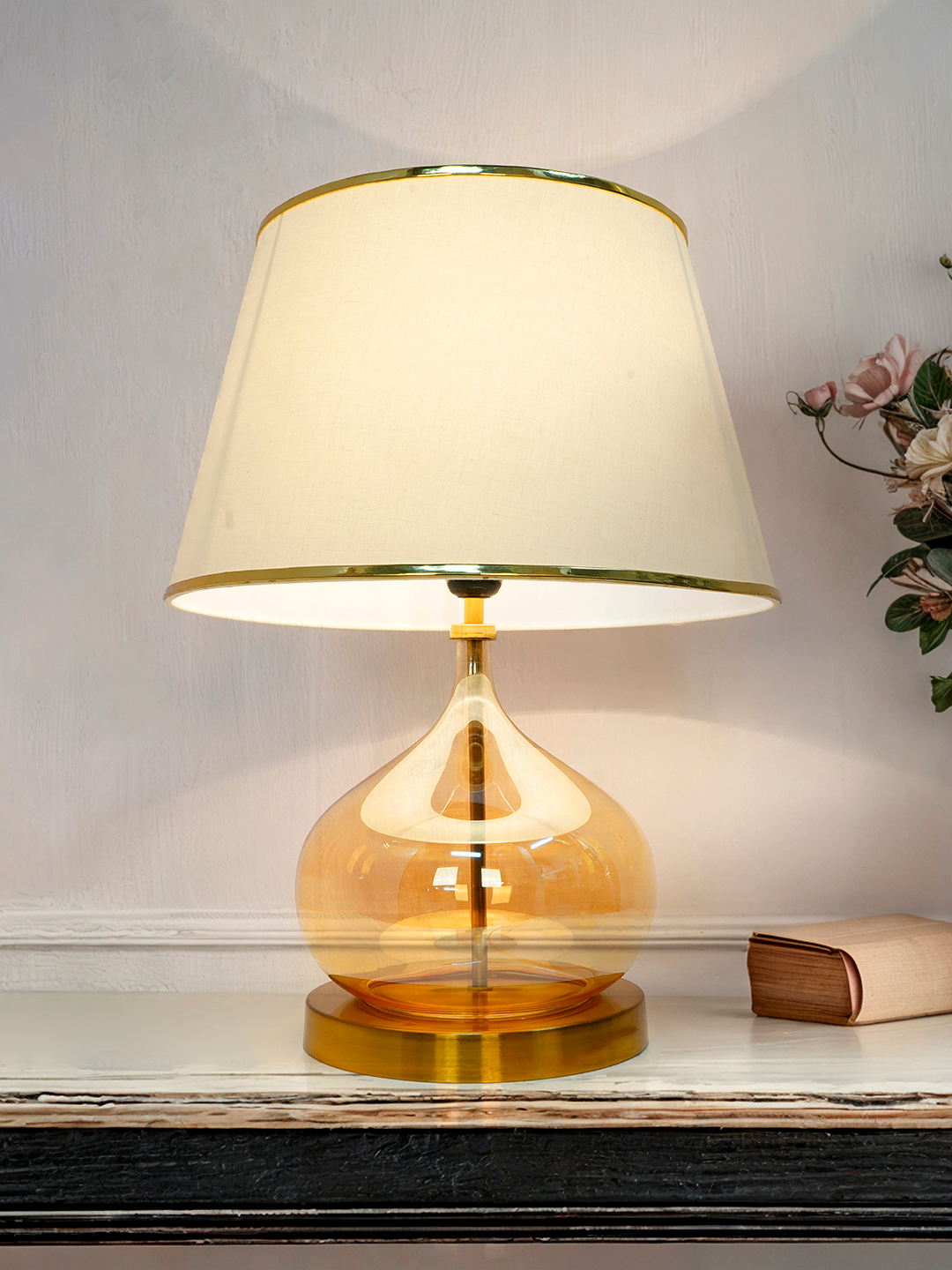 Contemporary Glass Table Lamp with Off-White Shade