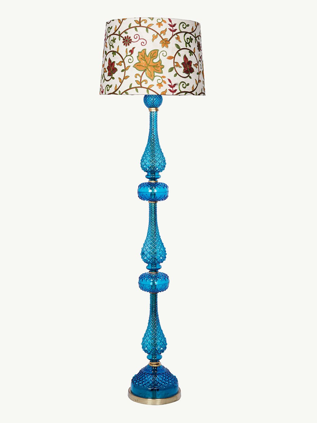 Blue Molded Glass Floor Lamp - Kashmiri Embroidered Ivory Shade