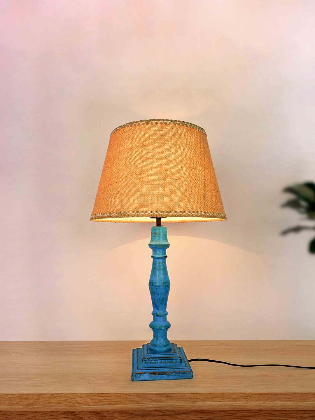 French Country Style Distressed Blue Wooden Table Lamp with Burlap