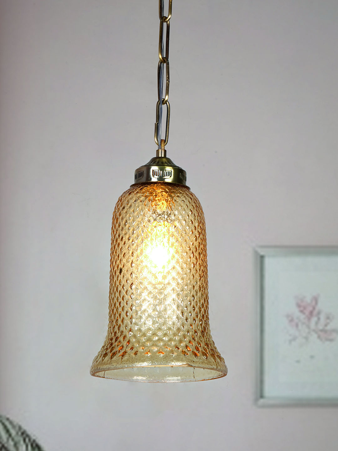 Antique Inch Wide Golden Textured Bell Glass Single-Light