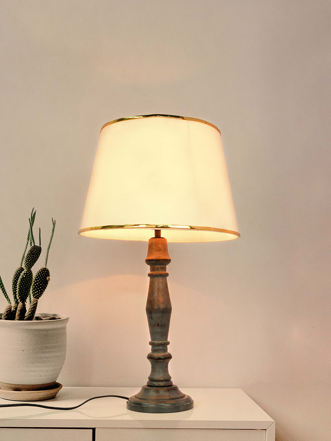 Contemporary English Distressed Grey Wooden Table Lamp with Off