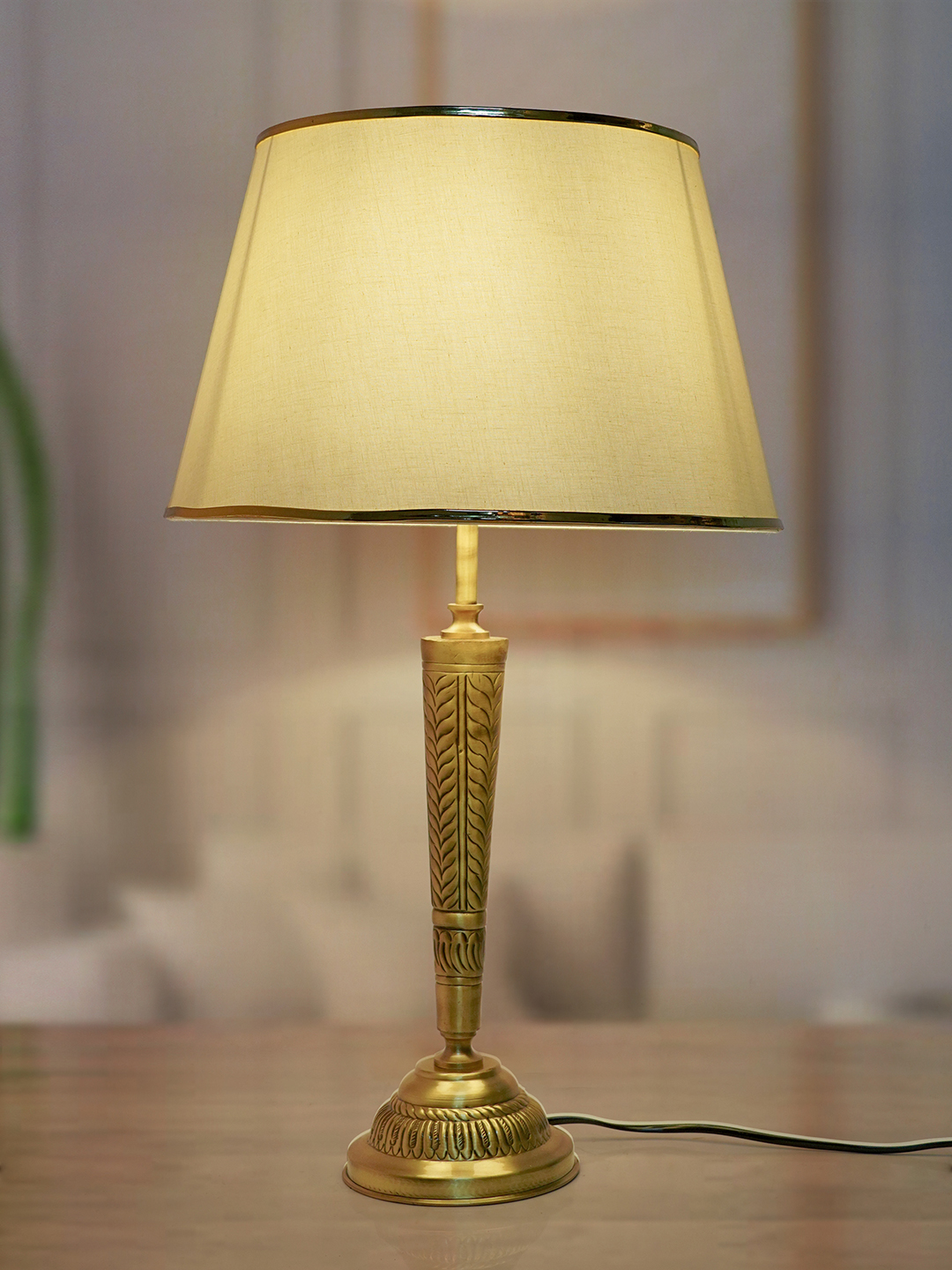 Conical Brass Table Light in Antique Finish with Off White Tapered