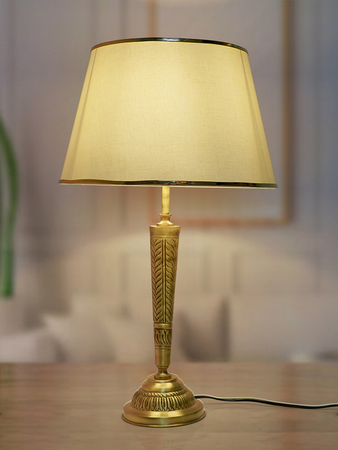 Conical Brass Table Light in Antique Finish with Off White Tapered