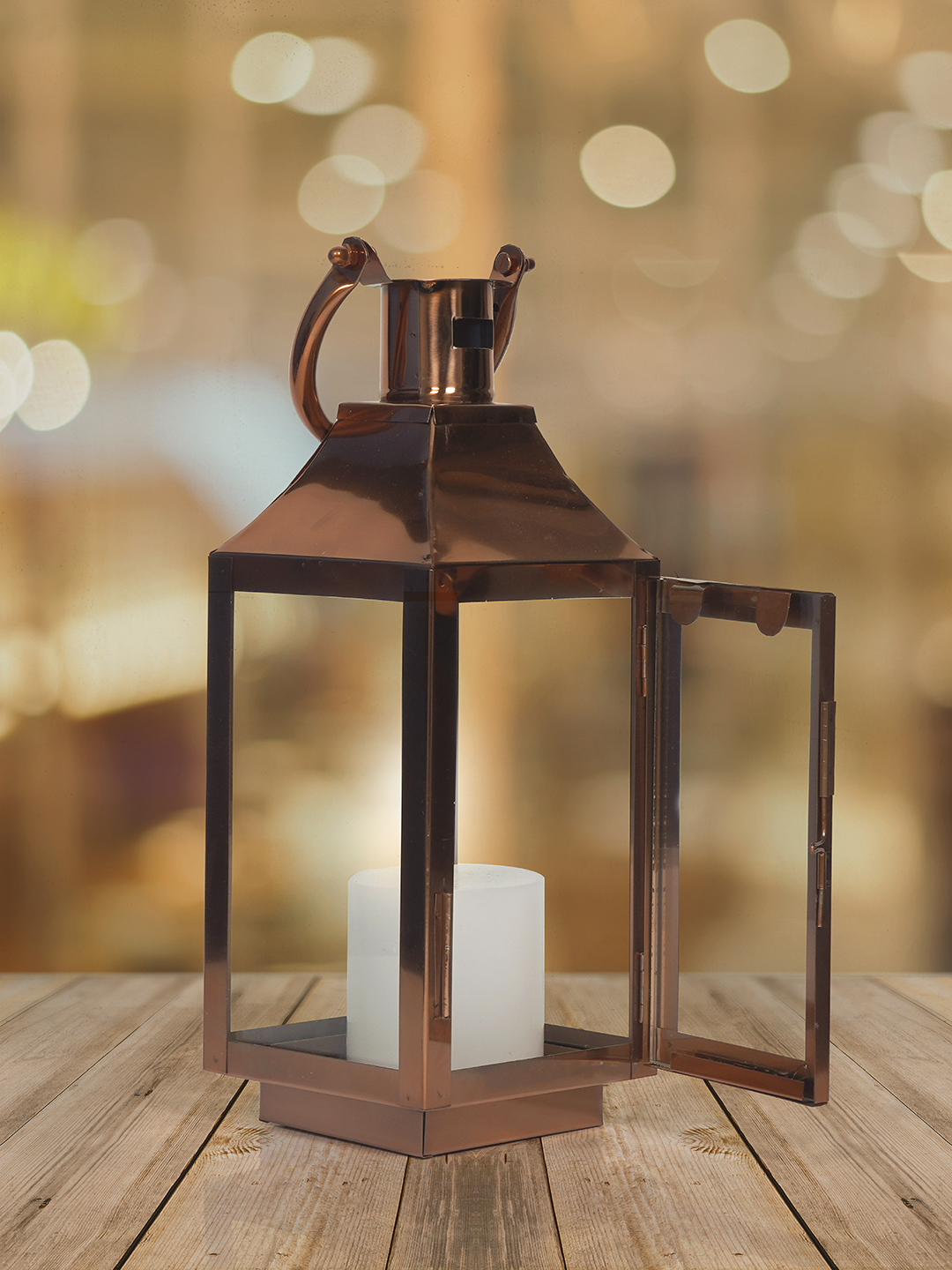 16 Inch Small Copper Finished Steel and Glass Candle Lantern