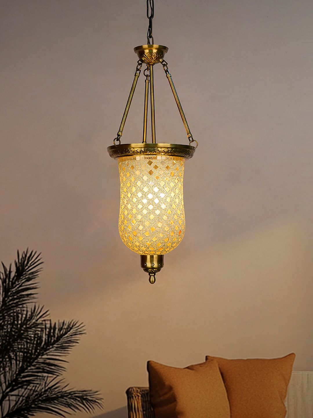 Golden Mosaic Glass Bell Jar Hanging Light