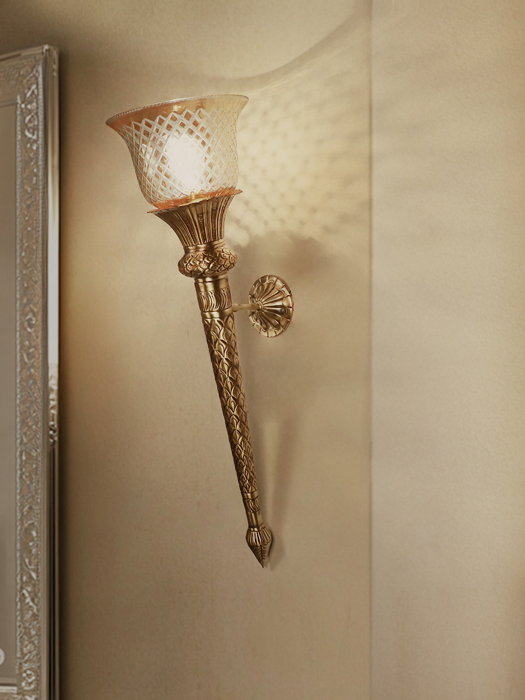 Regal Hand Carved Brass Conical Mashal Torchiere Wall Sconce with