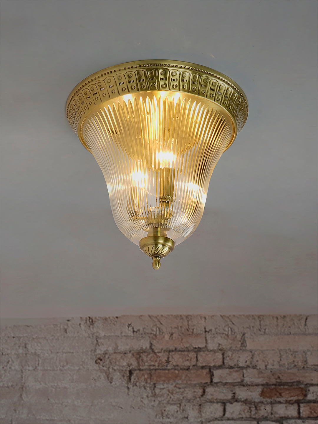 Flush Mount Glass Ceiling Light Brass Cut Glass Mini