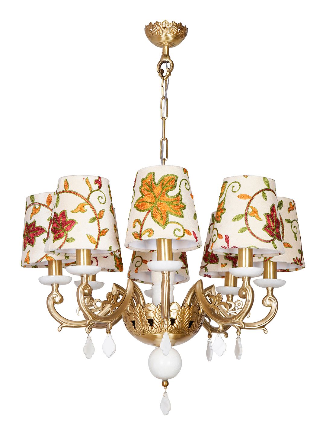 Kashida Velvet Shade Chandelier, Marble & Brass, 8-Light Regal Style